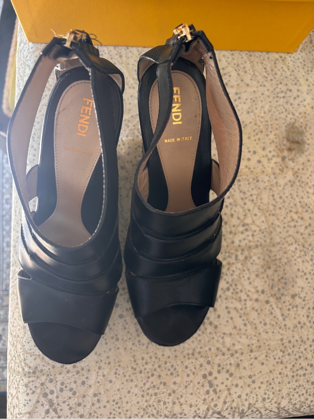Fendi Black Leather Strappy Peep-Toe Wedges with Gold Zip Pull